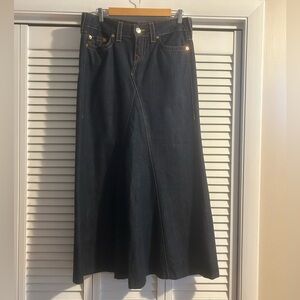 Y2K True Religion Dark Blue Denim  Dakota Skirt with Orange Stitching Size 29